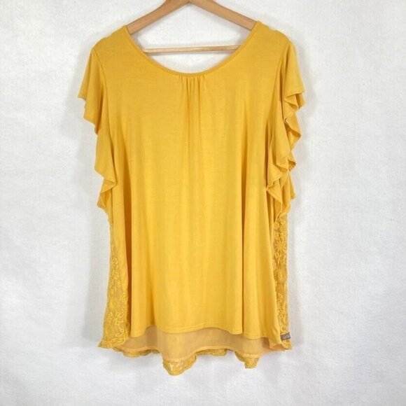 Matilda Jane Mustard Bocce Ball Lace Accent Flounce Short Sleeve Top Cottagecore - Picture 2 of 5